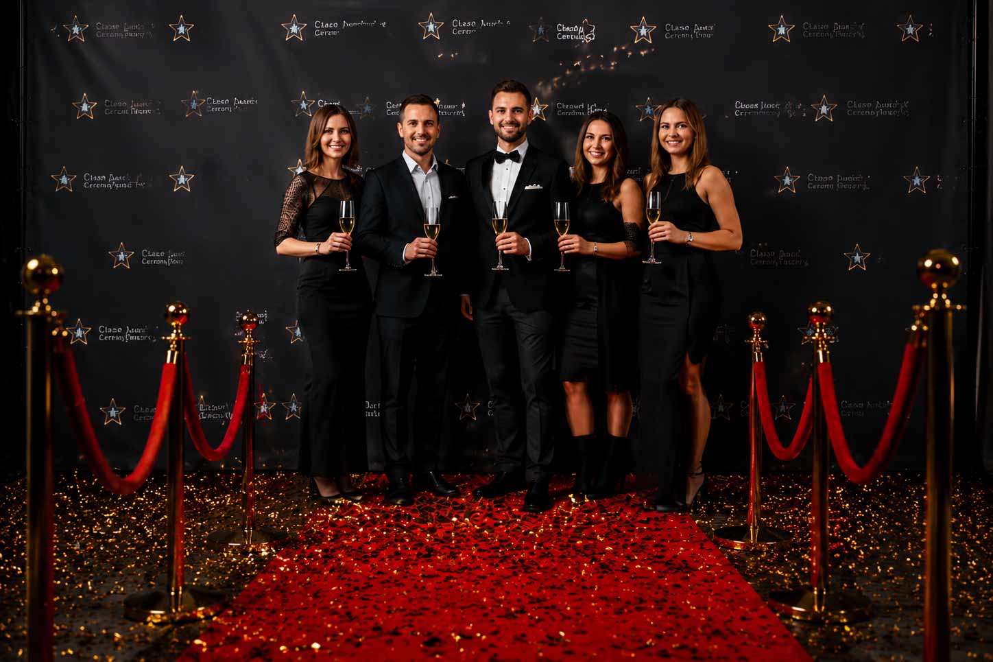 Gala corporativa con mesas, escenario e invitados